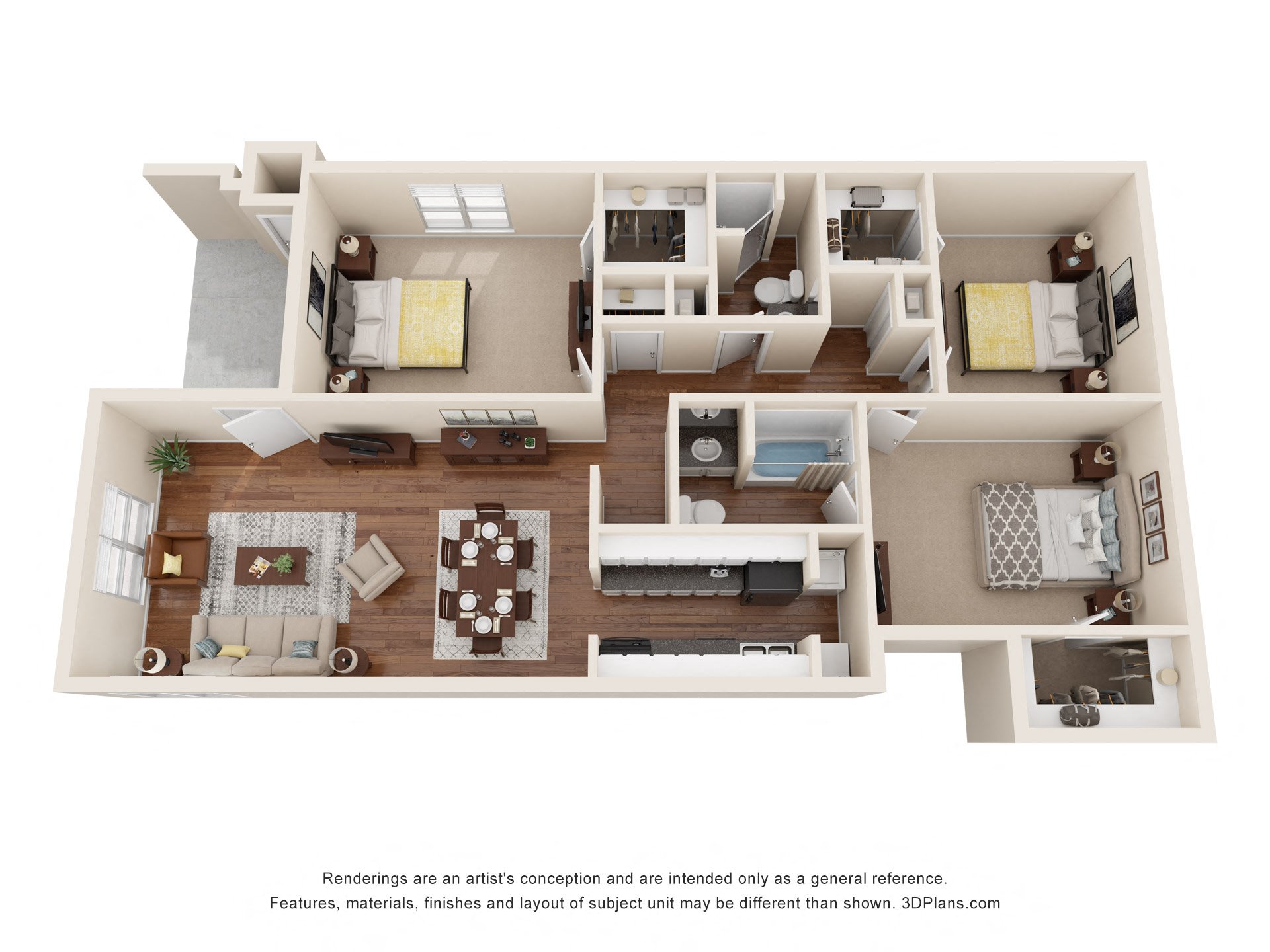Floor plan for 3 beds, 2 baths, 1128 sqft